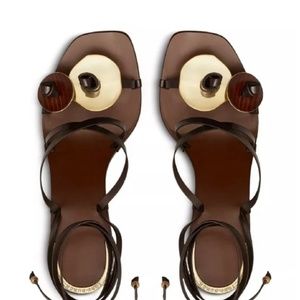 ✖️SOLD✖️ TORY BURCH NIB Artisanal Knot Heeled Leather Sandal Gold Coin 6.5 $398